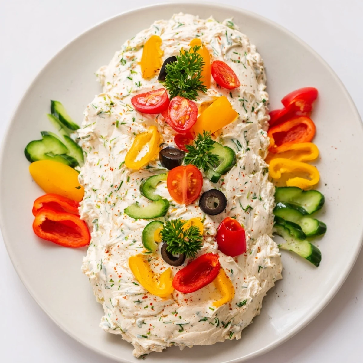 Homemade Christmas Lights Appetizer Spread boasts vibrant veggies and flavorful cheeses, ready to serve.