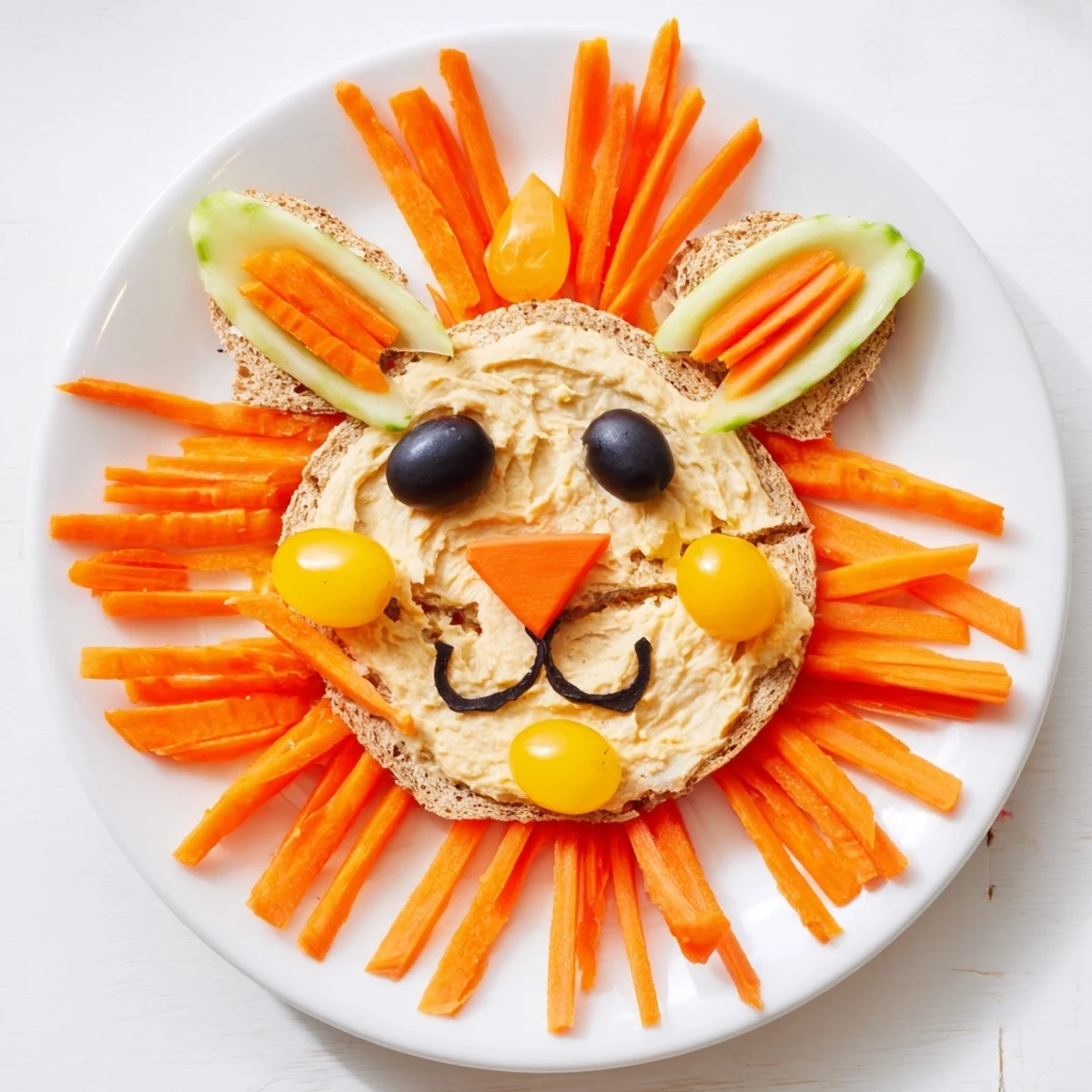 A colorful King of the Jungle Lion Lunch Board with shredded carrots as a playful mane.
