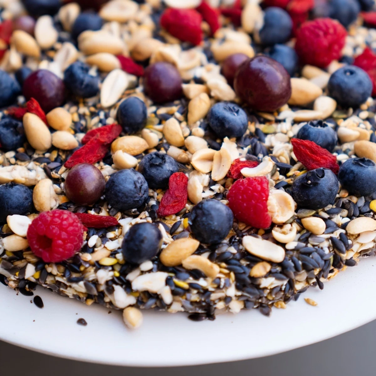 This Singing Bird Seed & Berry Platter bursts with blueberries, raspberries, and sunflower seeds for feathered friends.