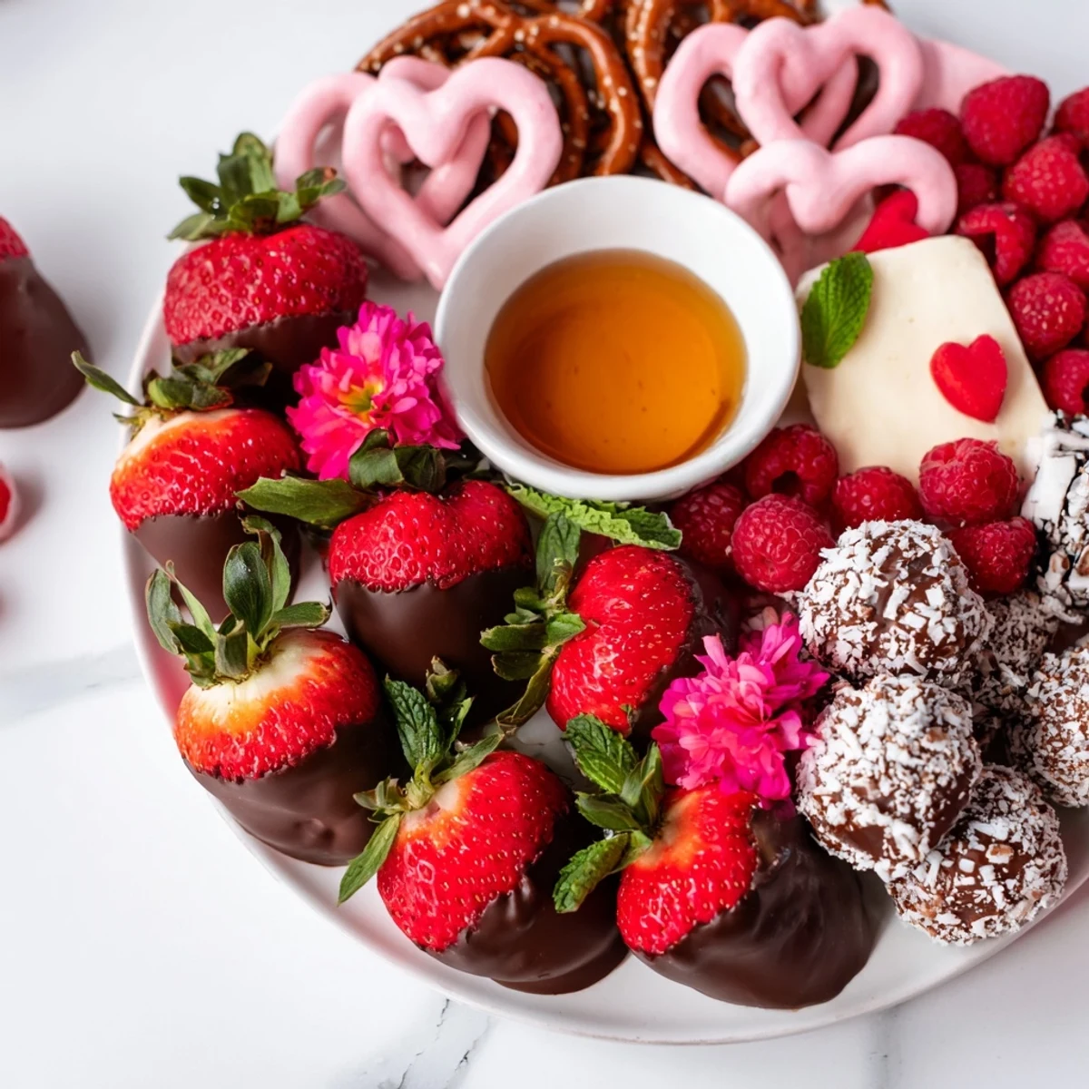 Sweetheart Valentines Day Board arranged with red berries, chocolate strawberries, and heart-shaped treats.