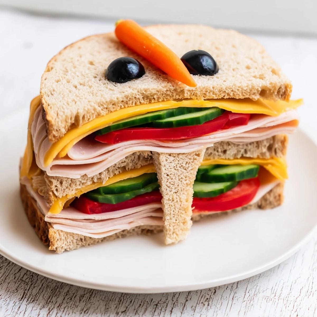 Brightly arranged Big Top Elephant Sandwiches, cut into fun shapes, garnished with olives, and ready to serve.