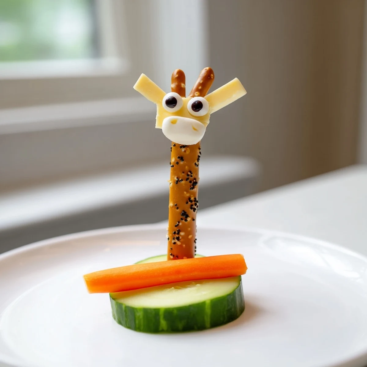 Kid-friendly Long-Necked Giraffe Snack Tower recipe: easy to make, fun to eat, complete with pretzel necks.