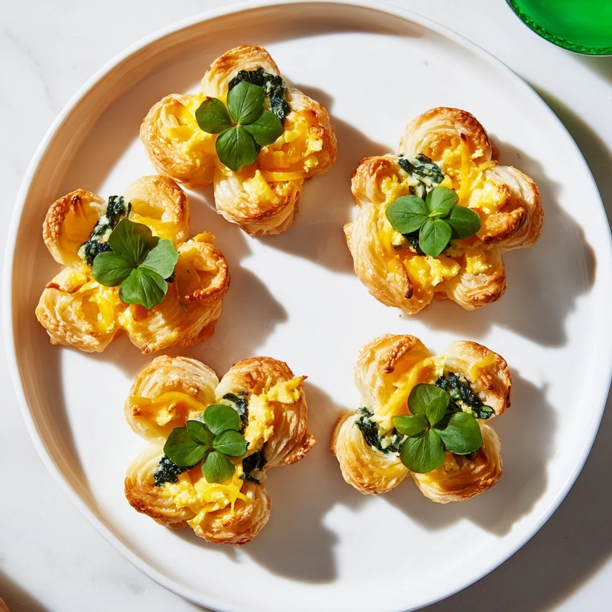 Warm, freshly baked Lucky Clover St. Patrick's Day Bites, topped with vibrant green basil for a festive appetizer.