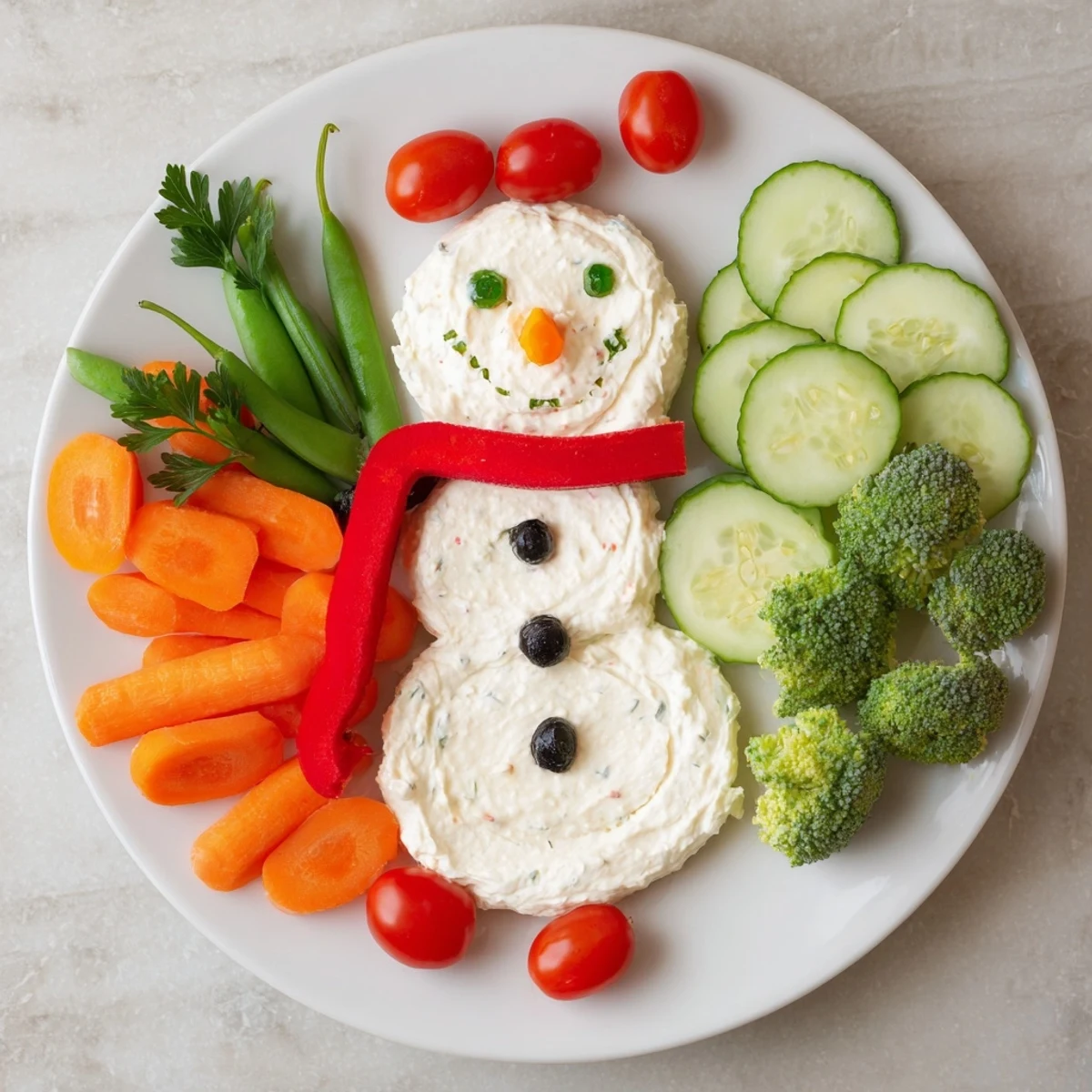Snowman Veggie Dip Platter: A festive platter with a creamy snowman dip and vibrant raw vegetables.