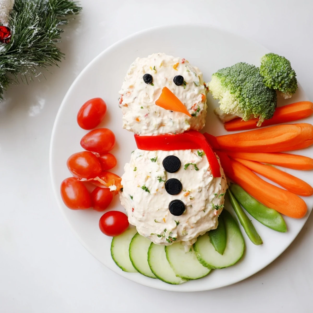 Arrange a Snowman Veggie Dip Platter for a fun appetizer; includes a snowman dip and fresh crudités.