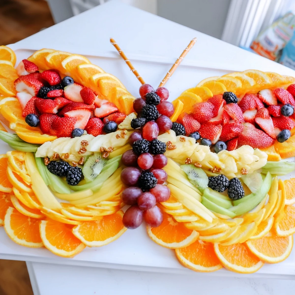 Fresh Monarch Magic Fruit Butterfly Tray, bursting with vibrant berries and sliced fruits for snacking.
