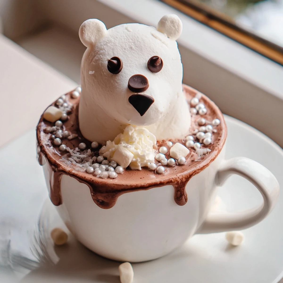 Steaming Polar Bear Hot Chocolate Platter, featuring whipped cream snow and playful marshmallow polar bears.