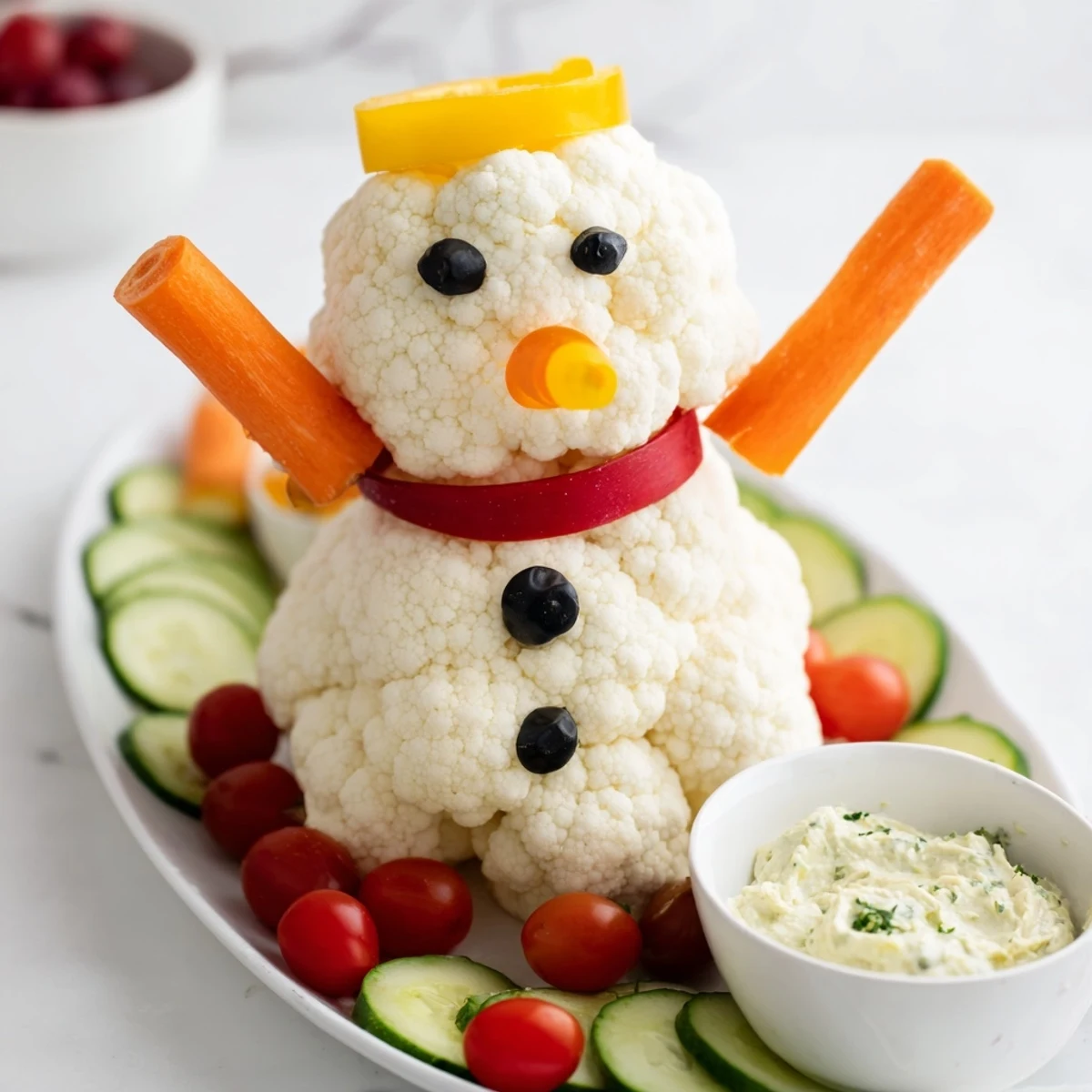 A whimsical Snowman Crudités platter, packed with fresh veggies and creamy herb dip for dipping.