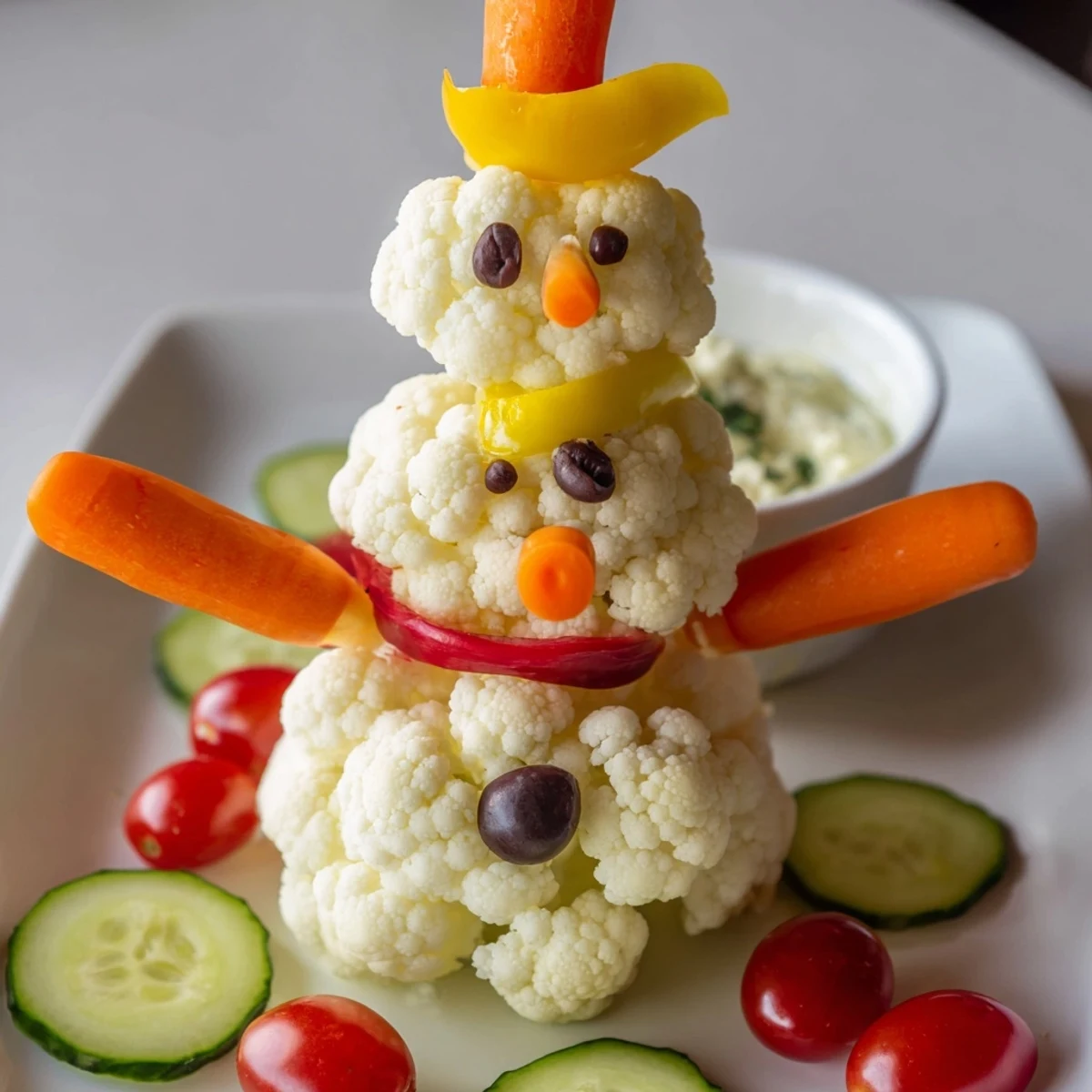 Festive Snowman Crudités with vibrant carrot arms, a red pepper hat, and a delicious, herbed dip.