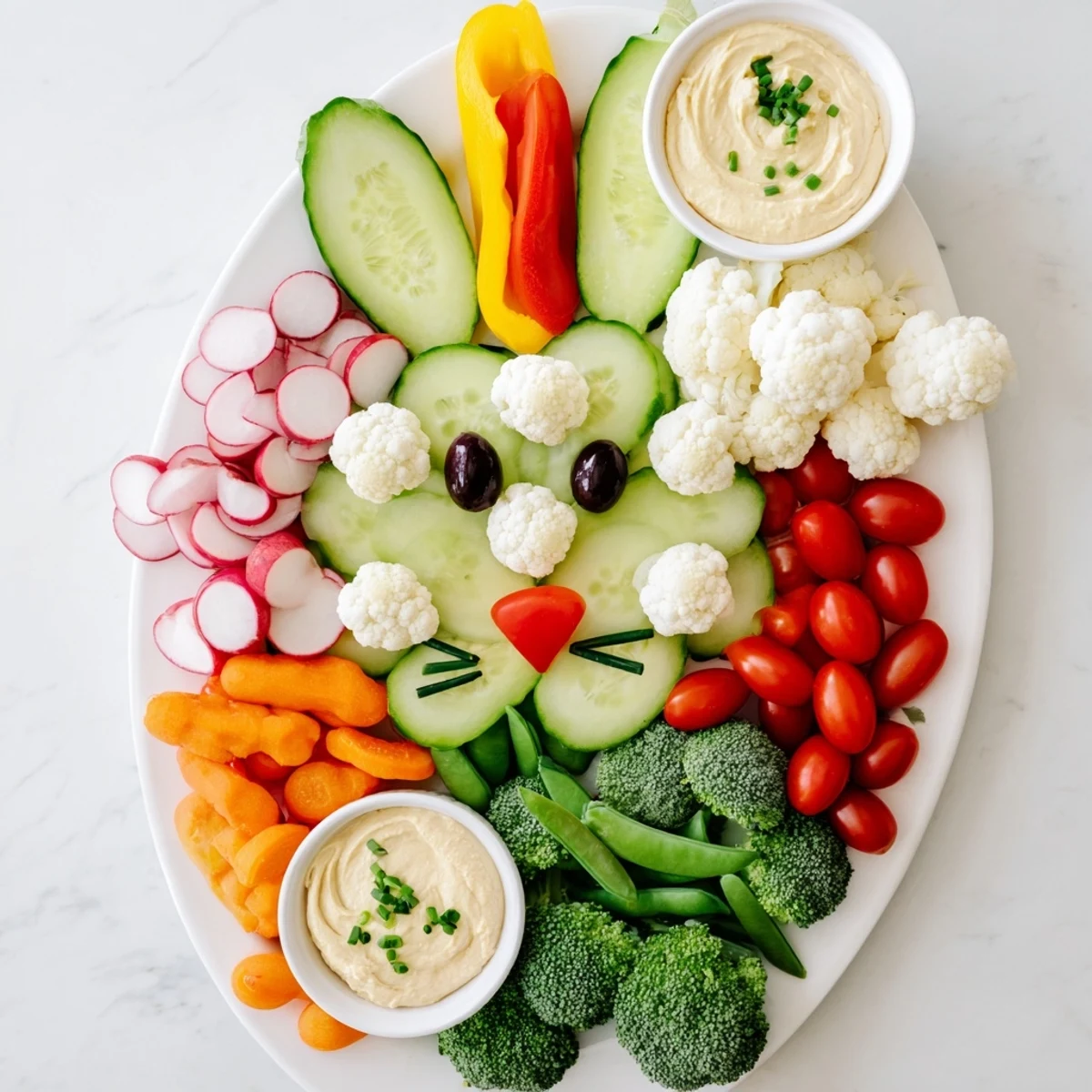Vibrant Easter Bunny Spring Platter arranged with fresh veggies and creamy dips, ready to serve!