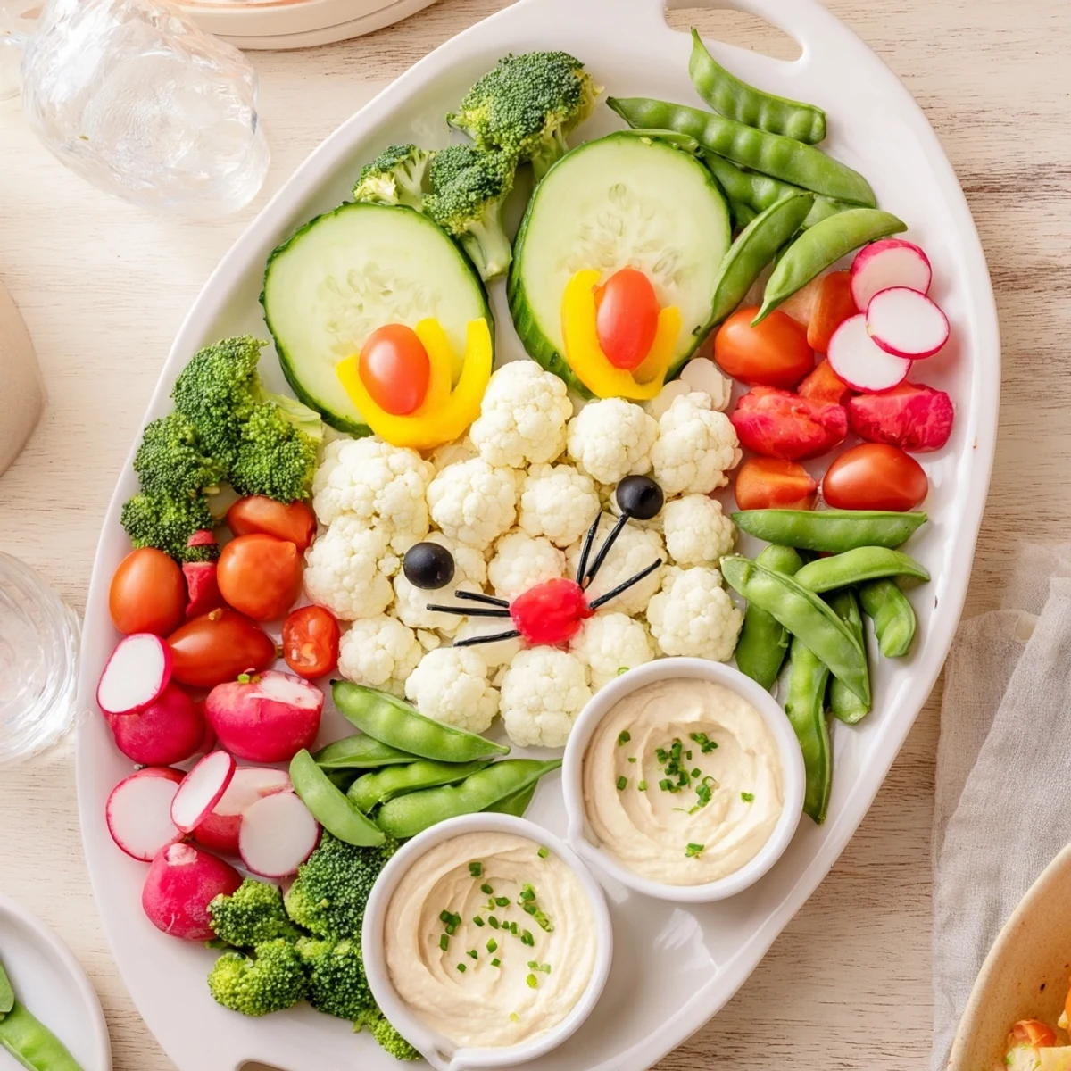 Easter Bunny Spring Platter garnished with fresh chives, a colorful, veggie-filled Easter appetizer.