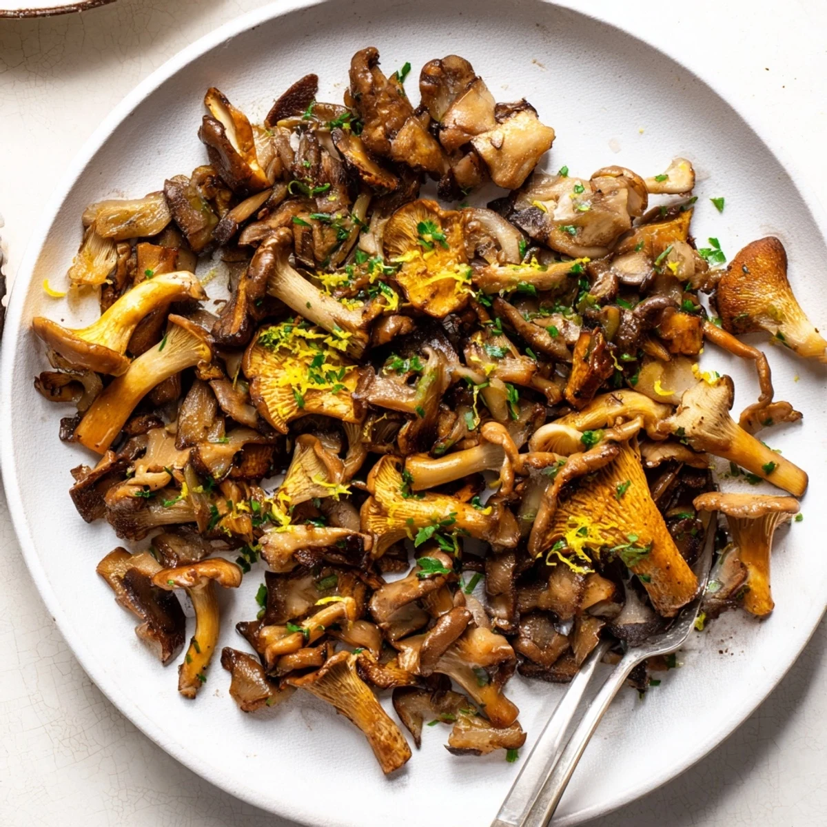 Sizzling Enchanted Forest Mushrooms, golden brown, with fresh thyme and a bright lemon zest garnish.
