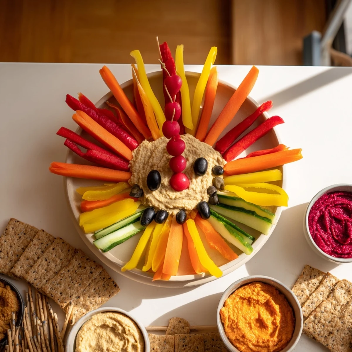 A delicious Autumn Hedgehog Dip Platter featuring fresh veggie spines and savory dips, perfect for sharing.