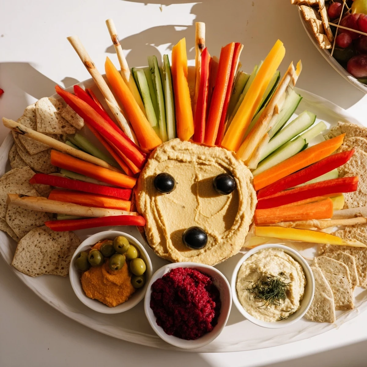 This festive Autumn Hedgehog Dip Platter will impress, filled with colorful vegetables and creamy dips.