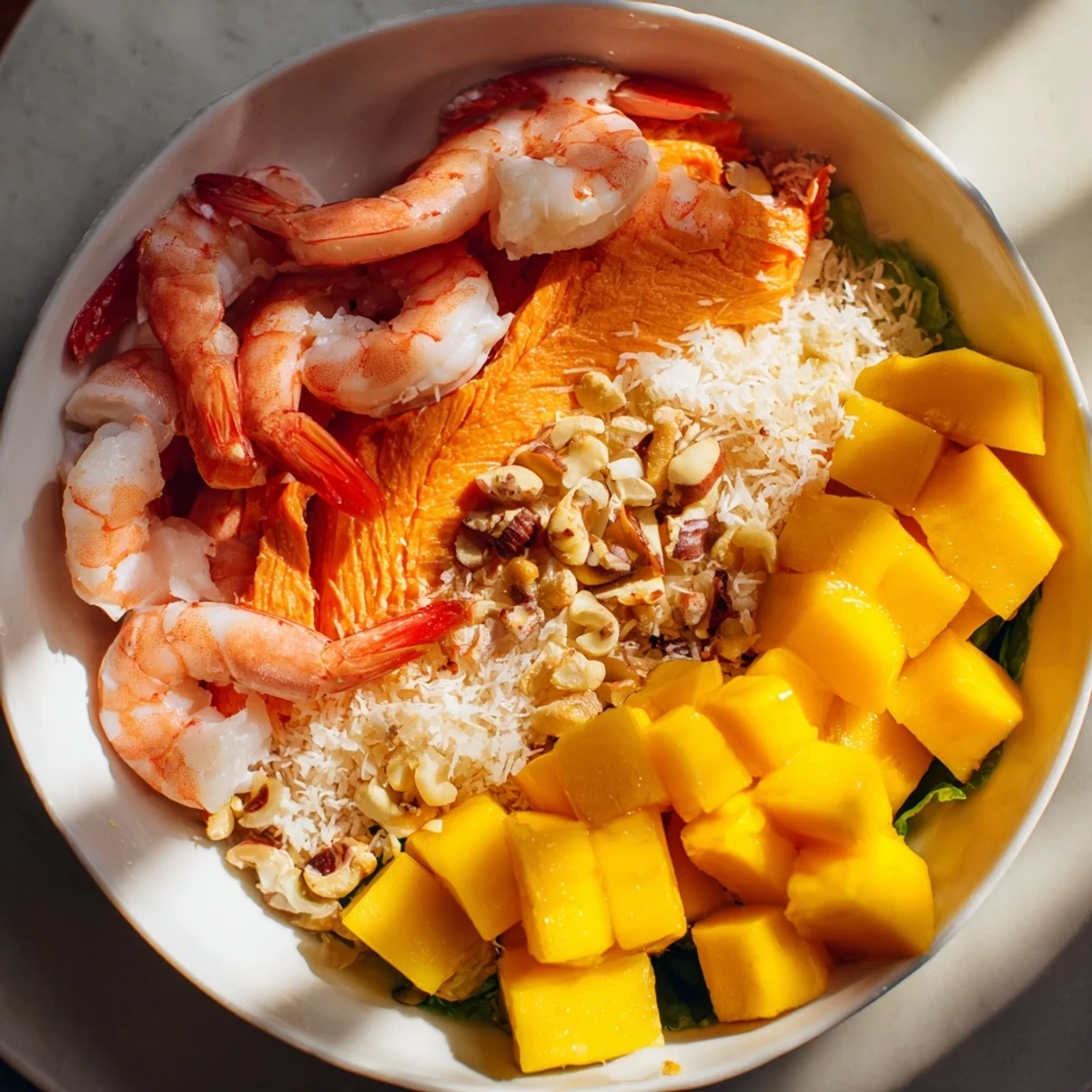 A visually stunning Tropical Wave Tasting Platter: colorful fruits, fresh seafood, and creamy coconut yogurt.