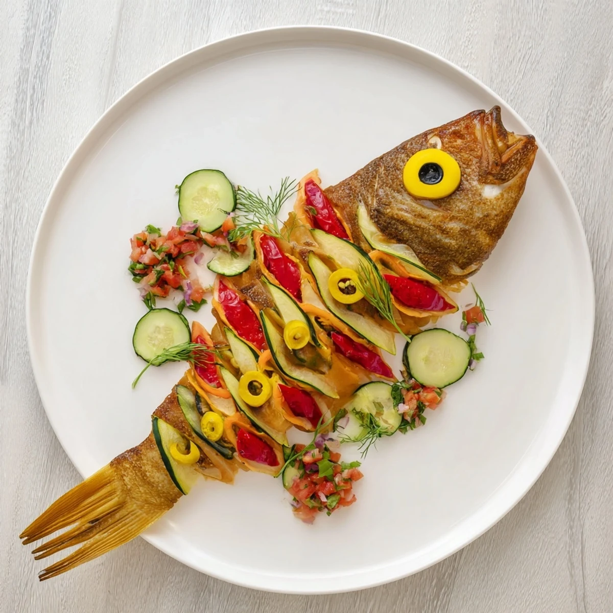 Baked light fish-shaped meal on a plate, featuring tender white fish and colorful vegetable decorations.