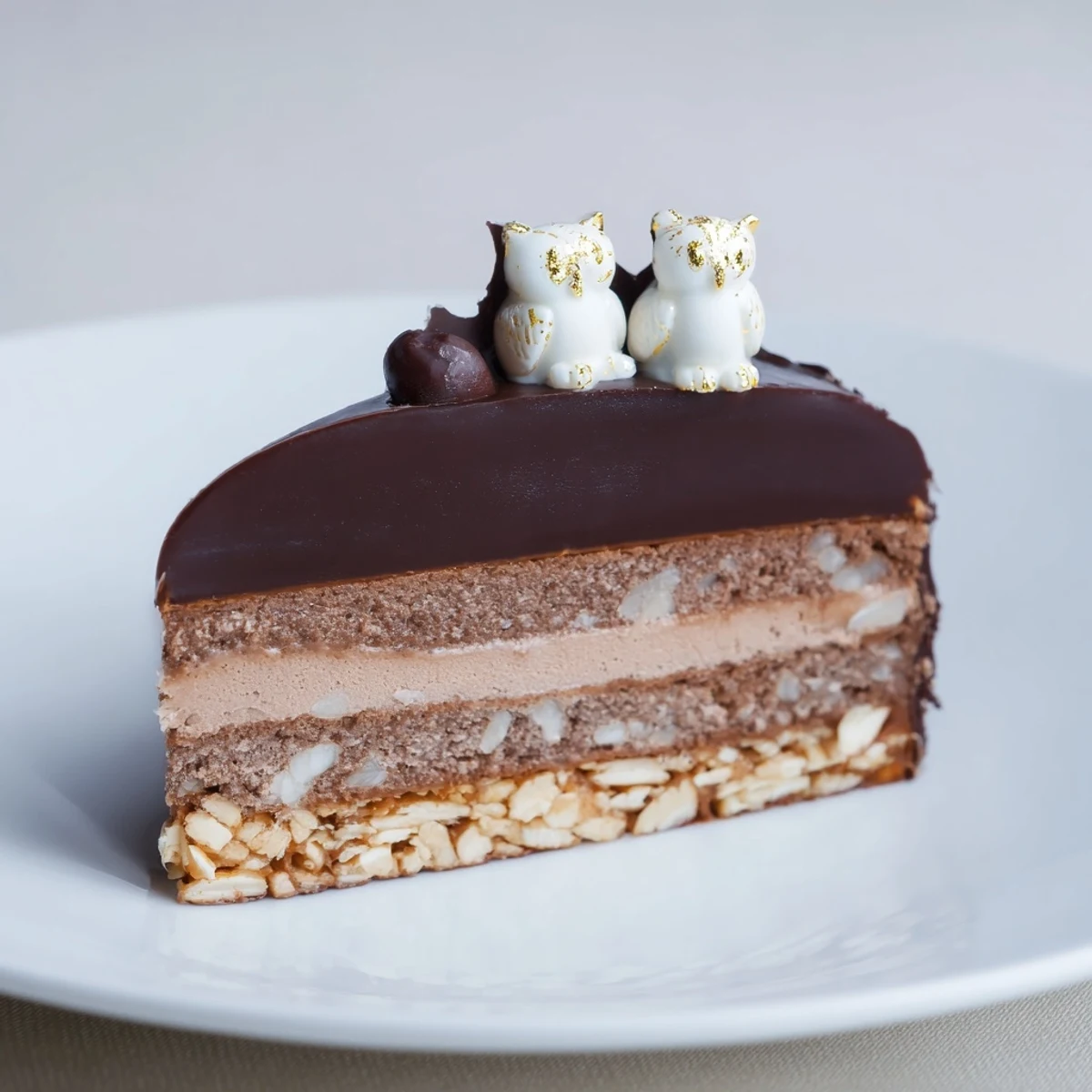 Elegant Plaisirs Sucrés Hibou de la Nuit, a French dessert showcasing layers of chocolate and hazelnuts.
