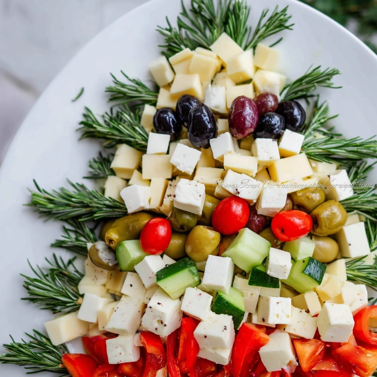Vibrant photo shows the Cheese & Olives wreath, a Mediterranean appetizer bursting with flavors and textures.
