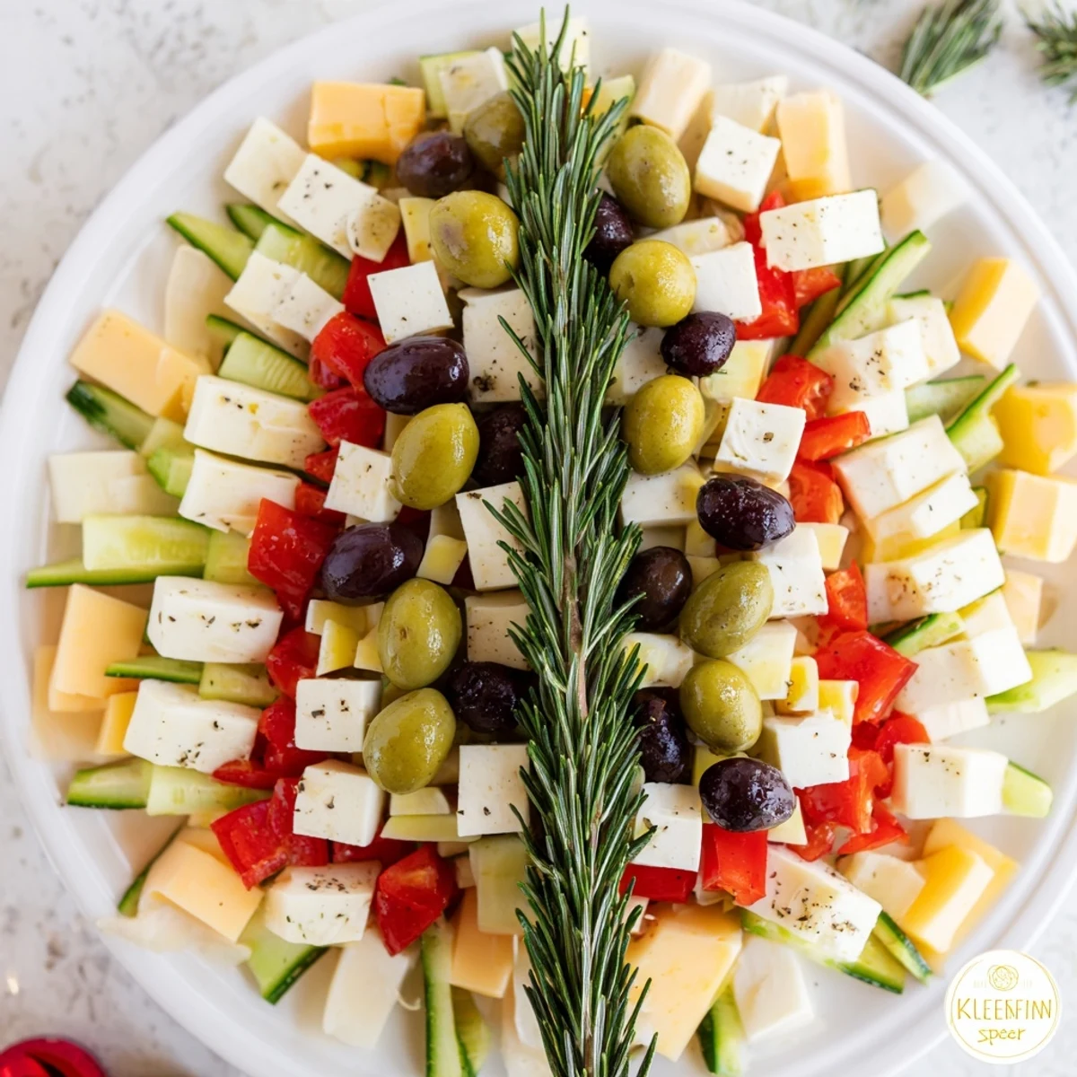 Festive Cheese & Olives pine tree wreath, a savory appetizer featuring colorful olives and cheese cubes.
