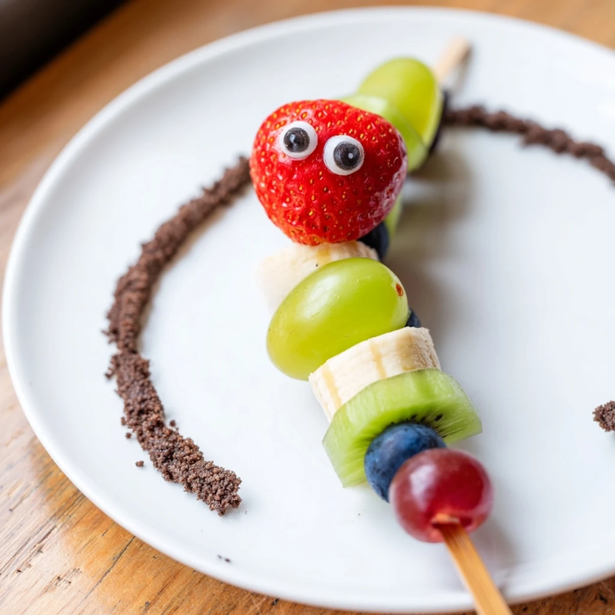 Vibrant Caterpillar Fruit Skewer Track with colorful grapes, strawberries, and a chocolate cookie crumb track.