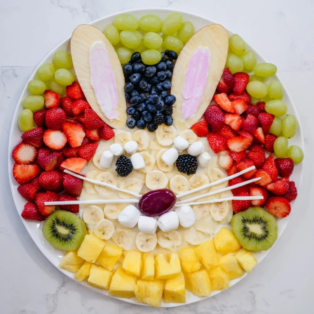 Bunny Face Fruit Salad Platter with vibrant strawberries, kiwi, and adorable marshmallow teeth.