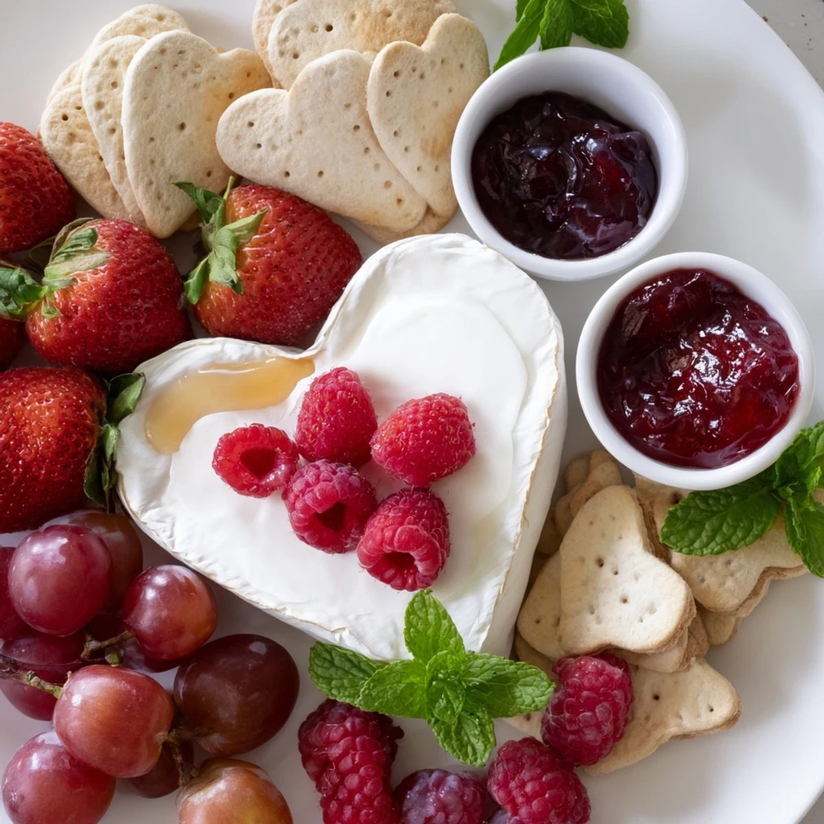 A beautiful Sweetheart Brie and Jam Board, overflowing with fruits, crackers and melted cheese.