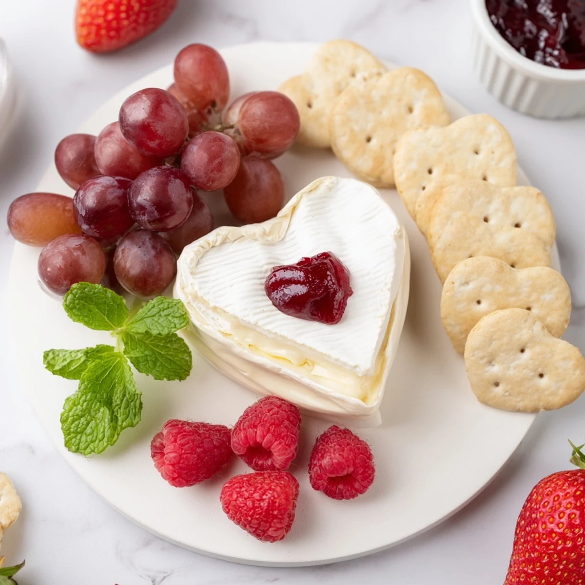 Creamy Brie, sweet jams, and fresh fruits star on this festive Sweetheart Brie and Jam Board creation.