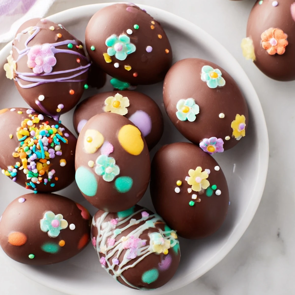 Easter Egg Candy Display featuring vibrant, chocolate-covered candy eggs with colorful sprinkles and decorations.