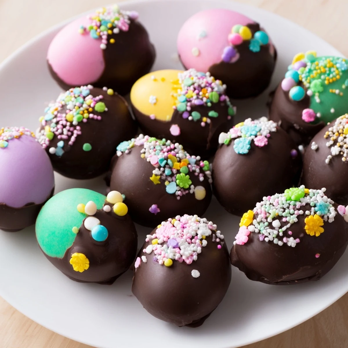 Colorful Easter Egg Candy arrangement, homemade with various fillings and coated in sweet chocolate, ready to enjoy.