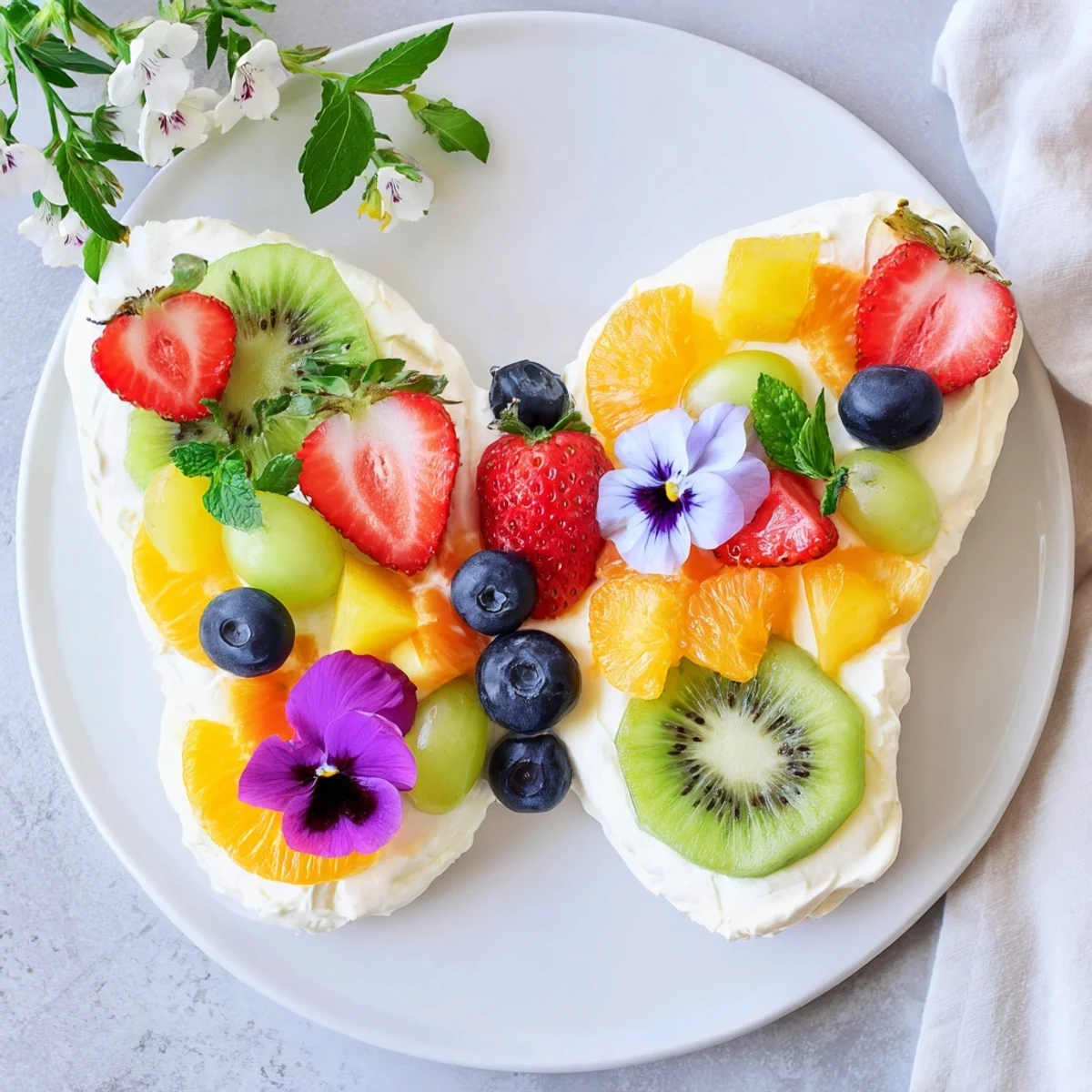 Butterfly Fruit and Cream Cheese Board with arranged colorful fruit, ready for spring gatherings.