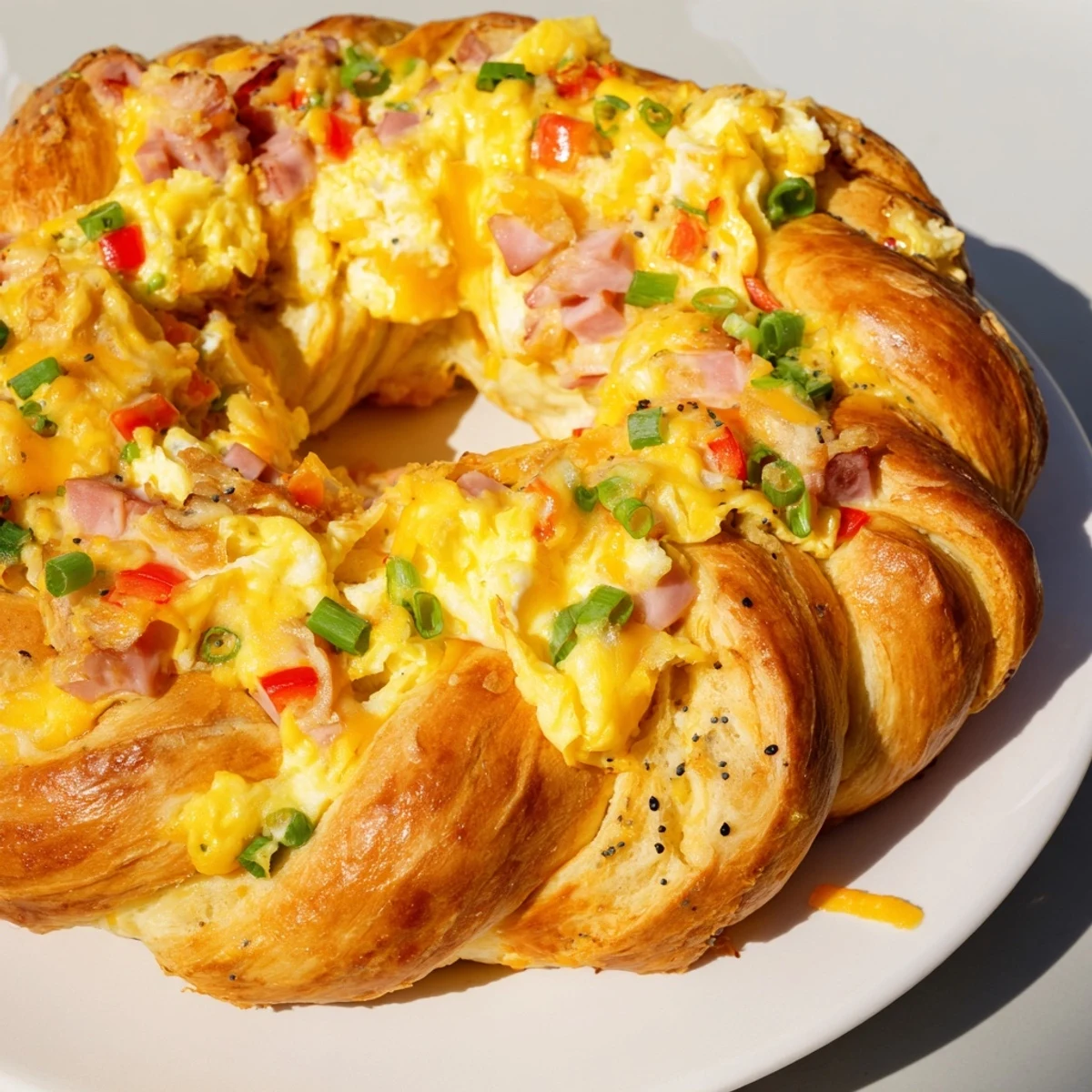 A golden-brown wreath-shaped egg and ham bake, a savory brunch delight perfectly presented.