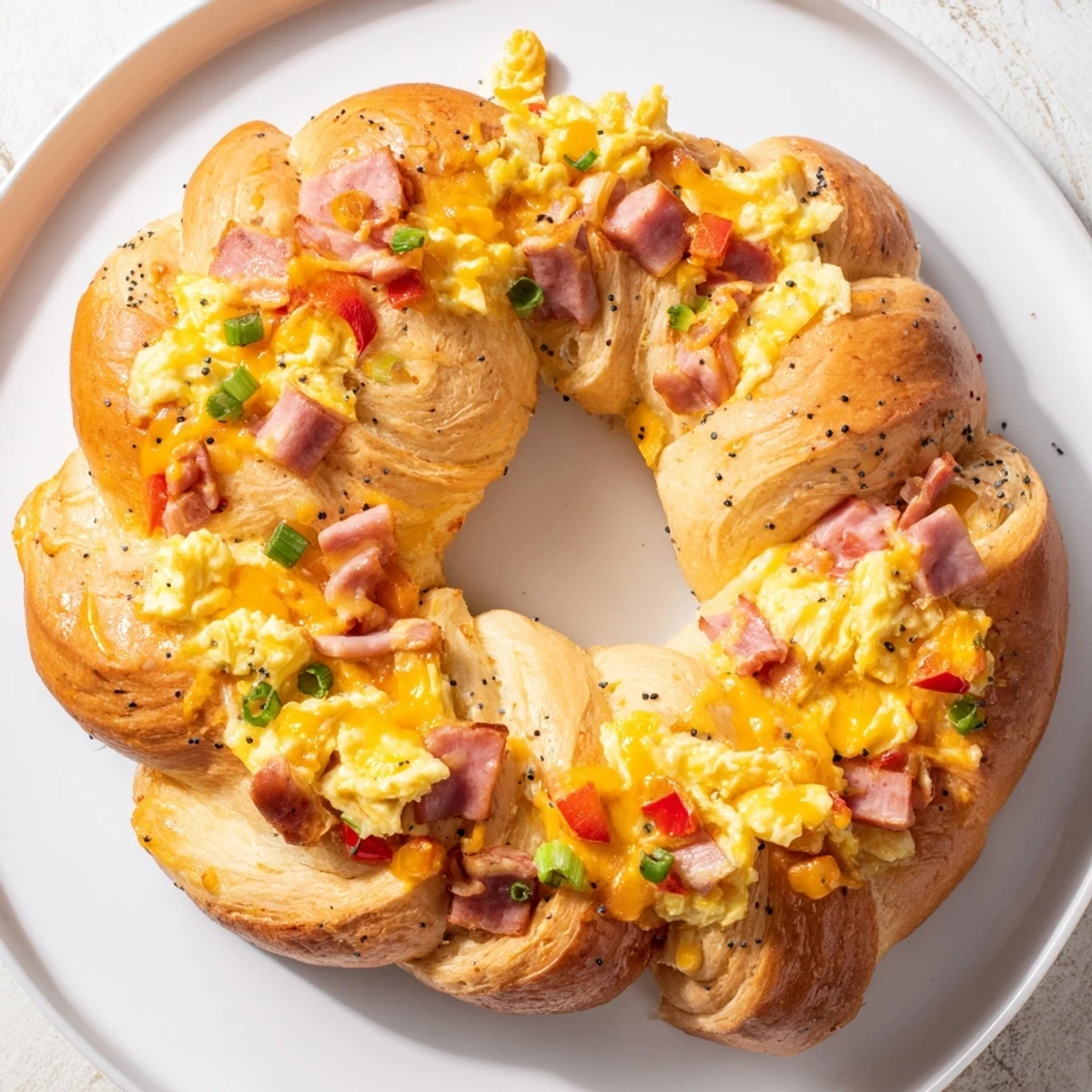 Fluffy eggs and savory ham nestled in the wreath-shaped egg and ham bake, ready to slice.