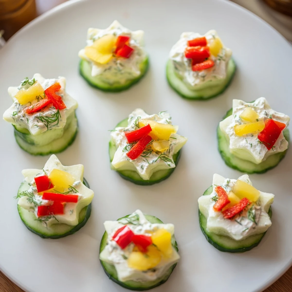 Holiday Star Cucumber Bites, perfect party appetizer: refreshing cucumber rounds with creamy topping.