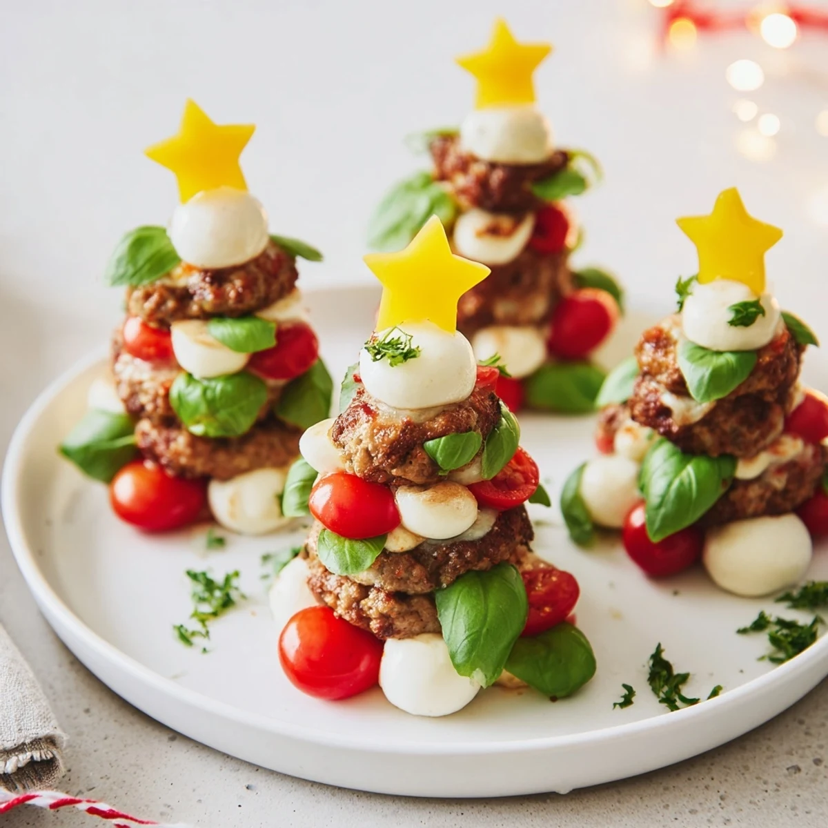 Golden-brown Savory Bites: Mini Meatball Christmas Trees ready to serve, decorated with mozzarella.