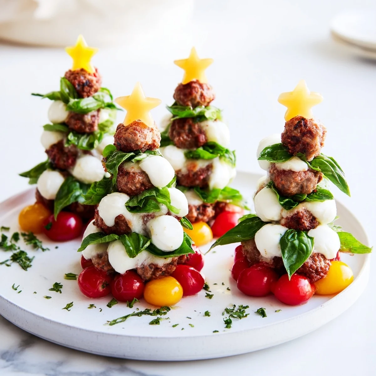 Holiday appetizer depicts Savory Bites: Mini Meatball Christmas Trees, each topped with a delicate yellow star.