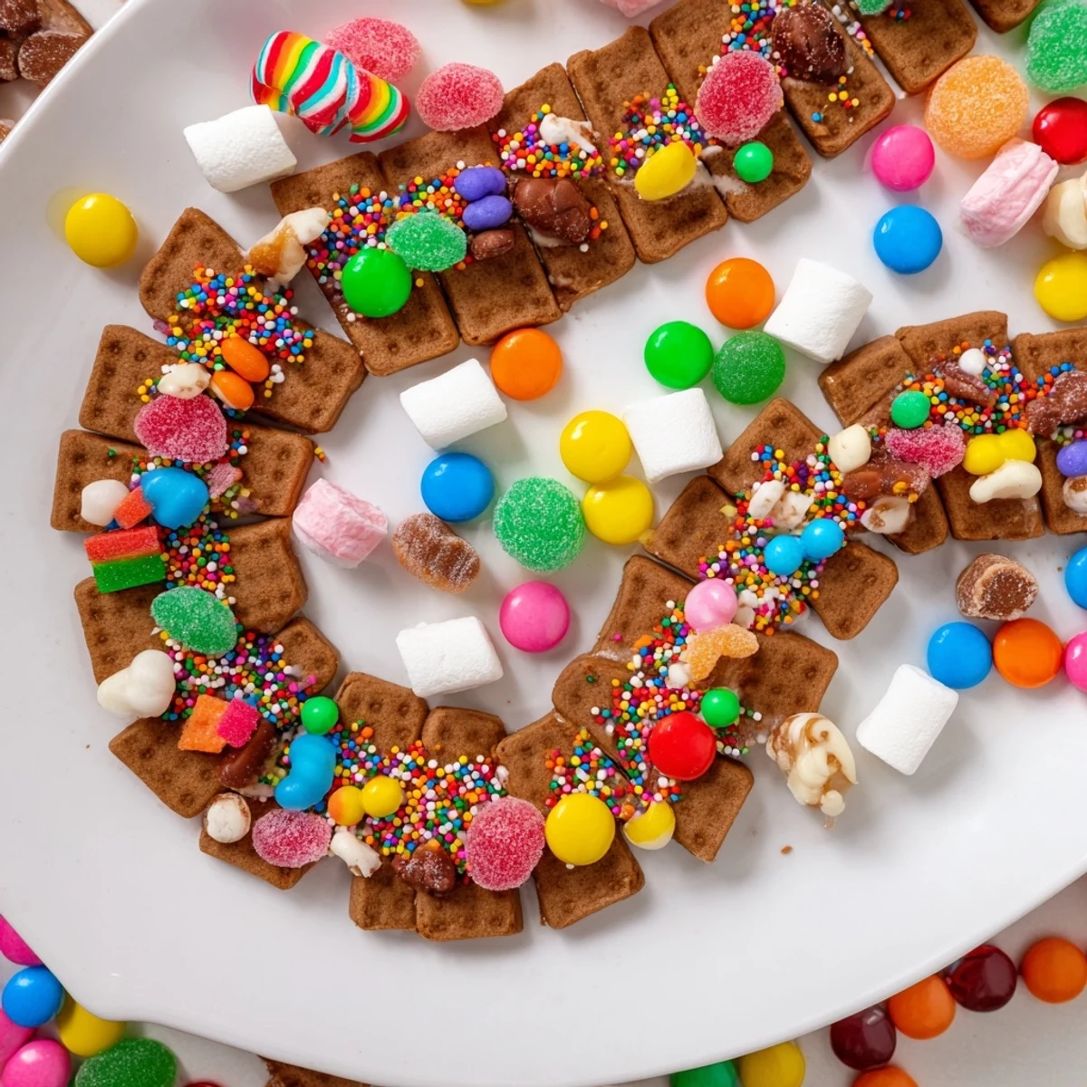 A Candy Land gingerbread path dessert board brimming with bright candies, perfect for a fun party.