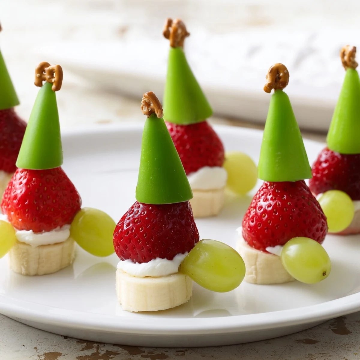 Easy, fun Elf Hat Strawberry Skewers: juicy strawberries, bananas, and grapes make a festive treat.