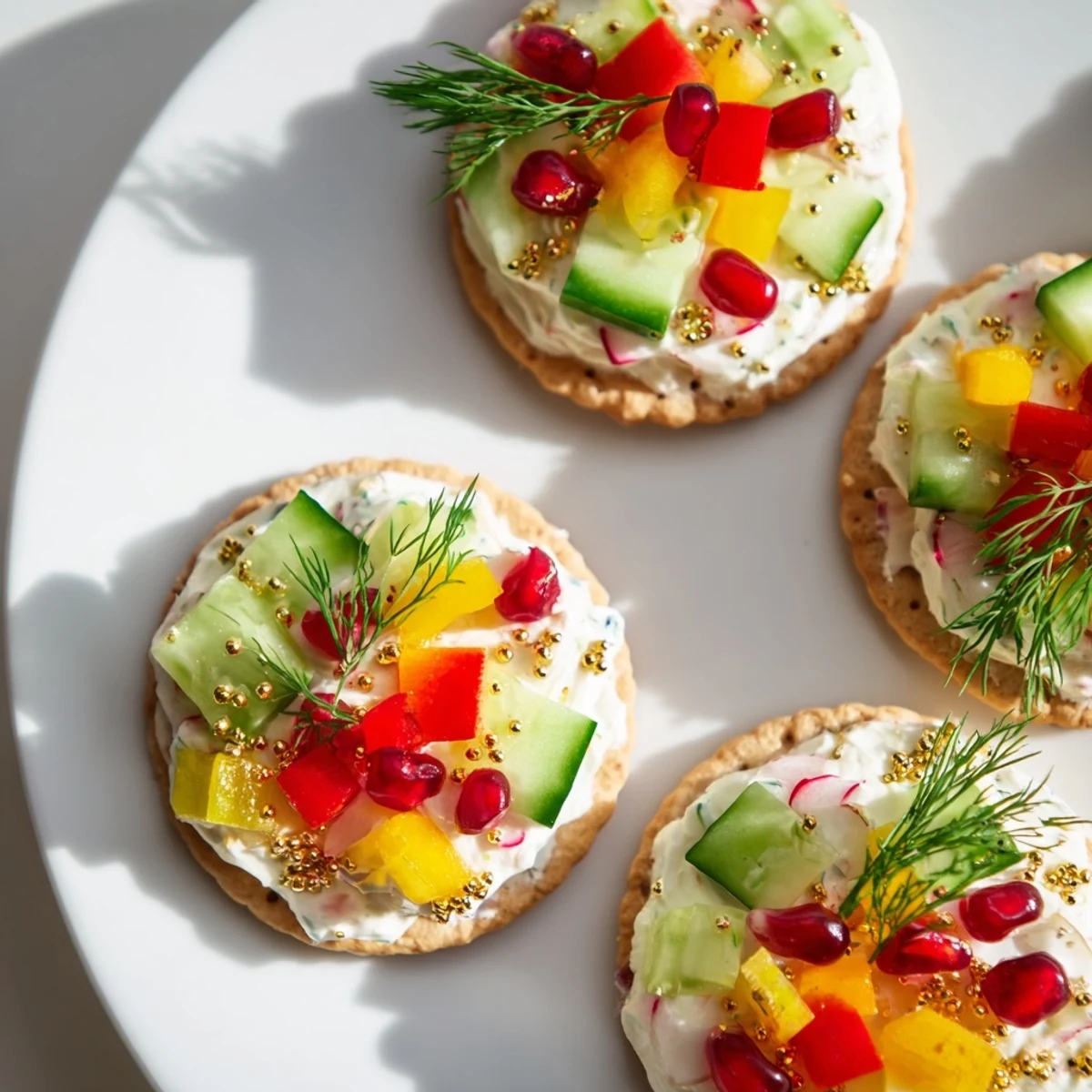 Ornament Shaped Cracker Toppings arranged with vibrant red and yellow bell peppers and creamy cheese spread.
