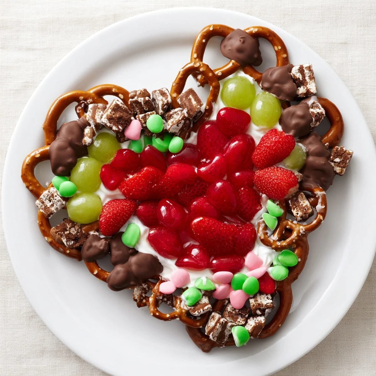Grinch's Heart Pretzel Board: A colorful, festive snack board packed with sweet and salty treats.