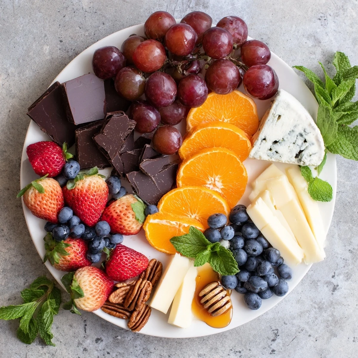 Vibrant Grapes of Fortune dessert board with assorted cheeses, chocolates, and fresh grapes for luck.