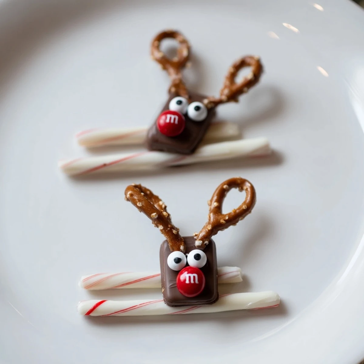 Festive Rudolph Candy Cane Sleds, a sweet treat with pretzel antlers and a red nose, are ready to eat.