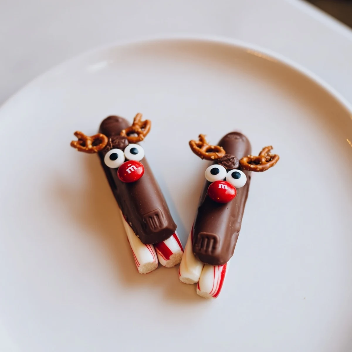 Adorable Rudolph Candy Cane Sleds, complete with candy eyes and pretzels, make a charming holiday snack.