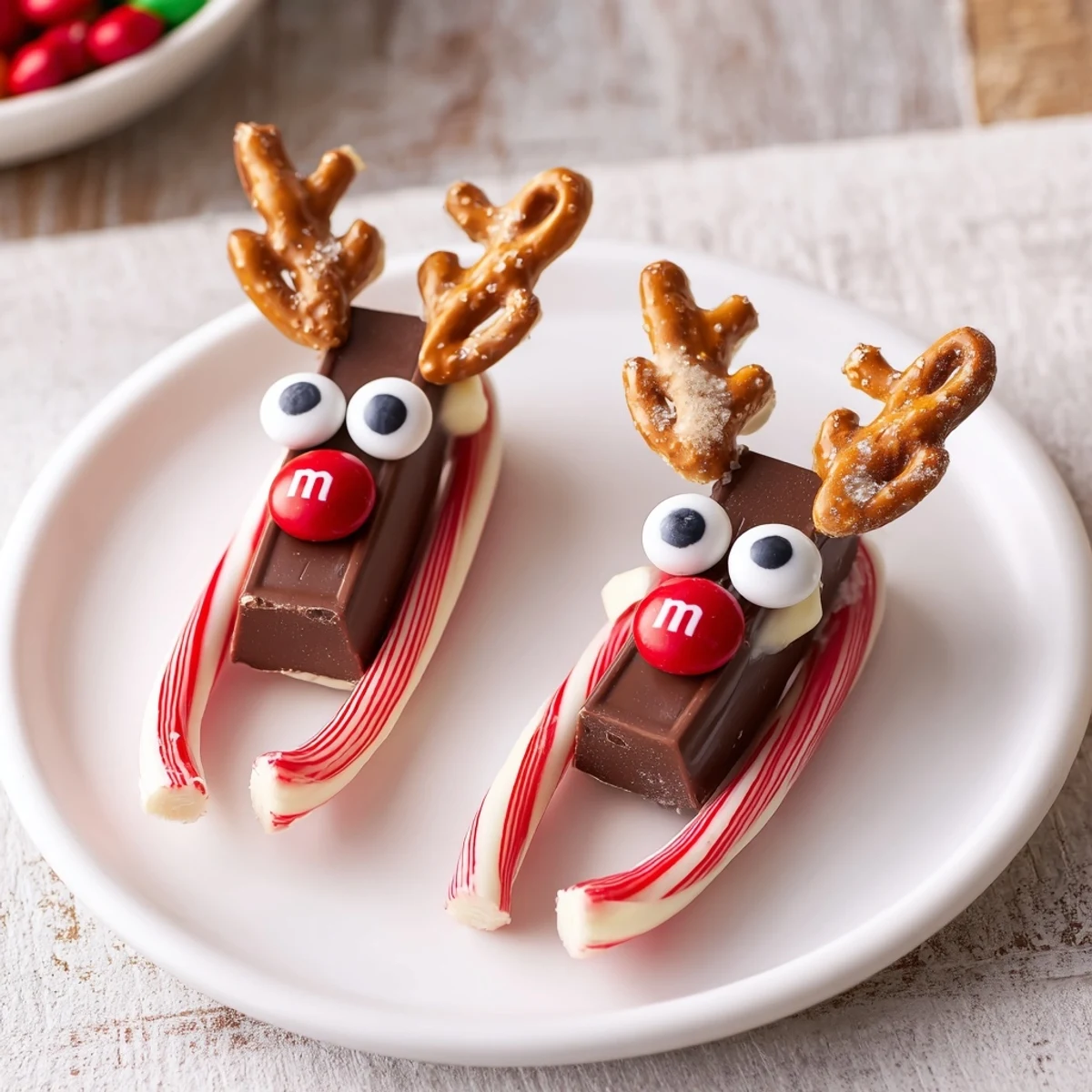Delicious Rudolph Candy Cane Sleds feature chocolate bars atop candy cane runners, a fun American dessert.