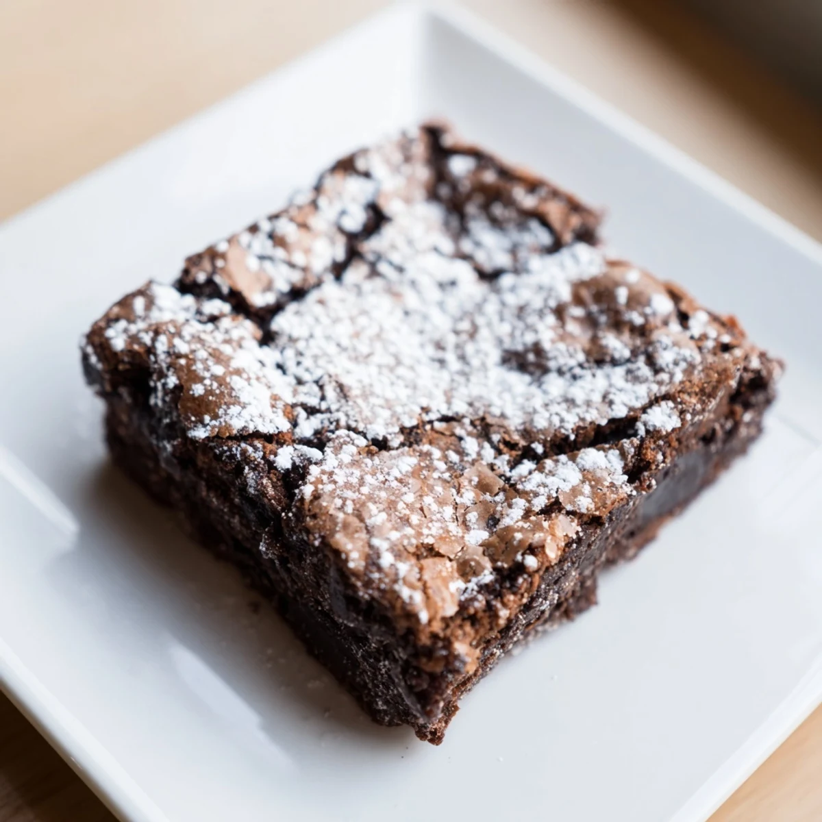 Close-up of freshly baked brownie squares, showing a soft, chocolatey interior, with powdered sugar.
