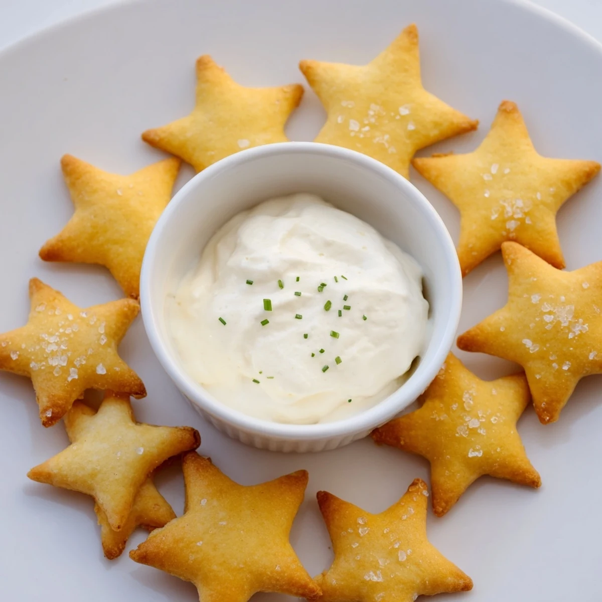 Close-up of freshly baked Holiday Crackers, arranged around a bowl of dip for easy holiday appetizers.