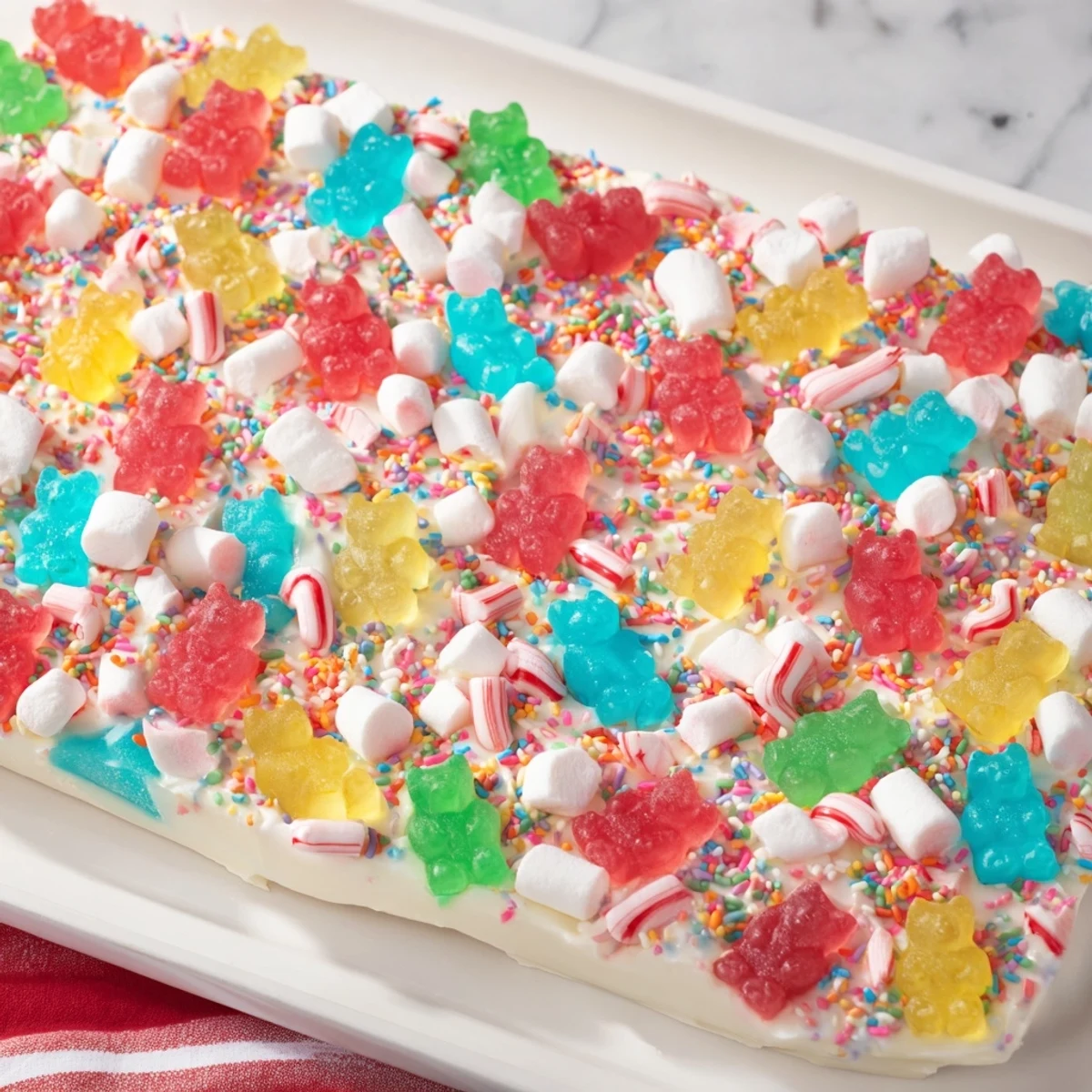 White chocolate base with colorful gummy bears and candy canes scattered for a sweet treat.