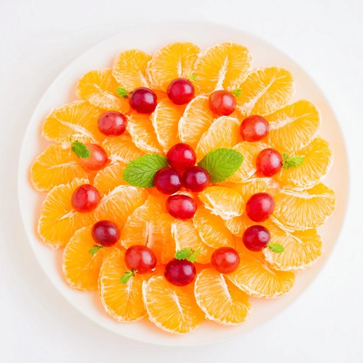 Clock face of orange slices and grapes: a vibrant, refreshing fruit platter for brunch.
