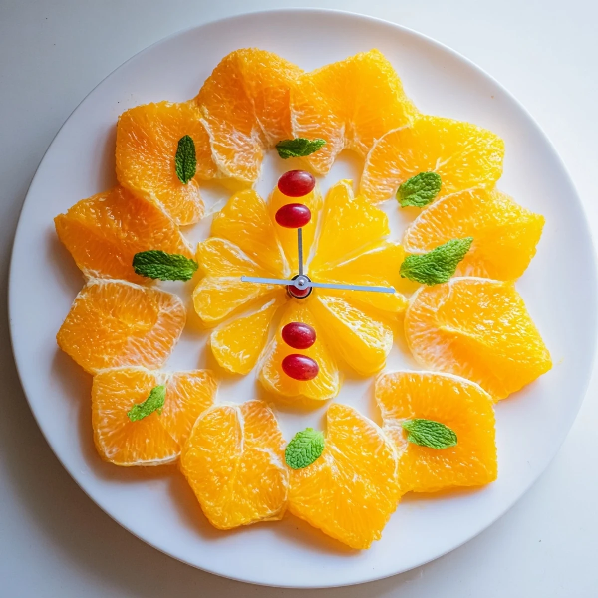 Bright, sweet Grape and Orange Slice Clock Face, perfectly arranged with vibrant, juicy fruit.