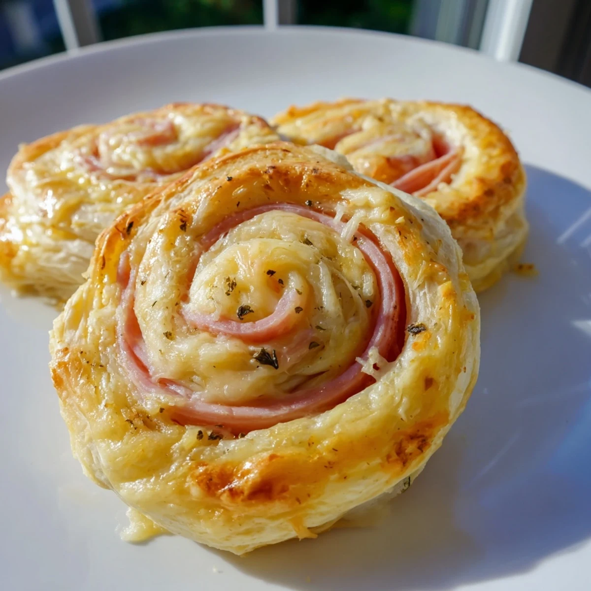 Golden, flaky Savory Ham and Cheese Pinwheel Rolls fresh from the oven, perfect for sharing.