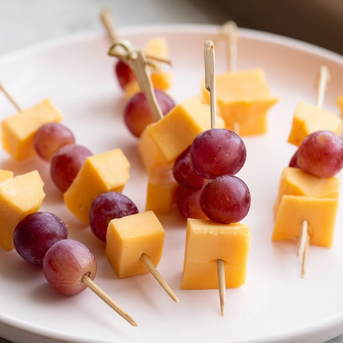 Golden cheddar and gouda cubes with red grapes, creating easy Cheese & Grape Skewers for a crowd.